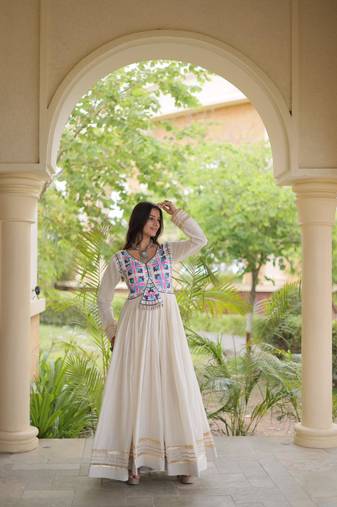 Off-white cotton embroidered flared gown set