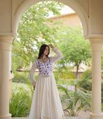 Off-white cotton embroidered flared gown set