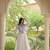 Off-white cotton embroidered flared gown set