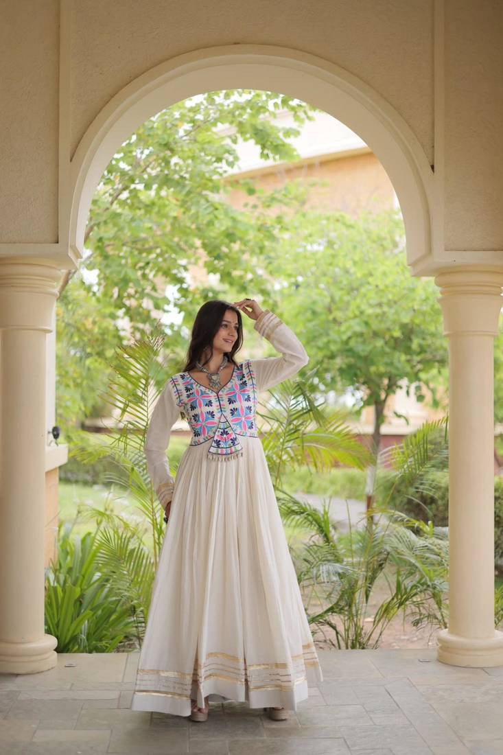 Off-white cotton embroidered flared gown set