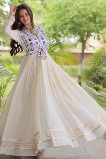 Off-white cotton embroidered flared gown set
