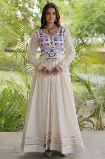 Off-white cotton embroidered flared gown set