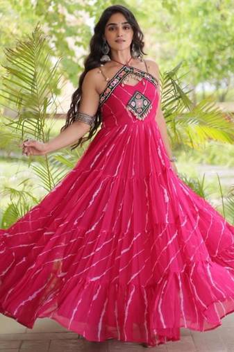 Pink faux georgette printed flared gown set