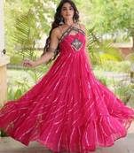 Pink faux georgette printed flared gown set