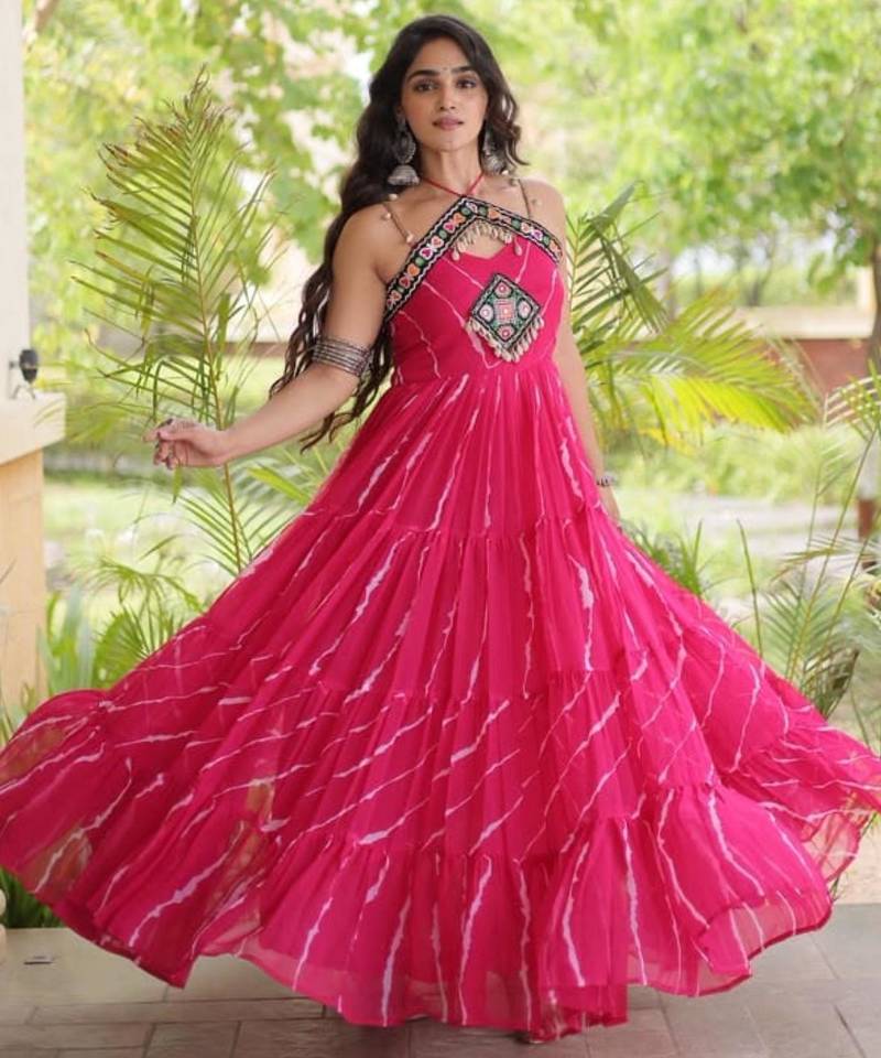 Pink faux georgette printed flared gown set