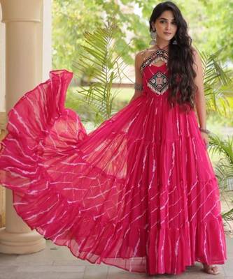 Pink faux georgette printed flared gown set 2