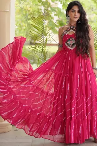 Pink faux georgette printed flared gown set
