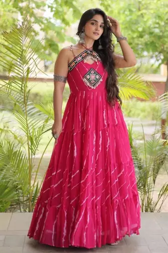 Pink faux georgette printed flared gown set