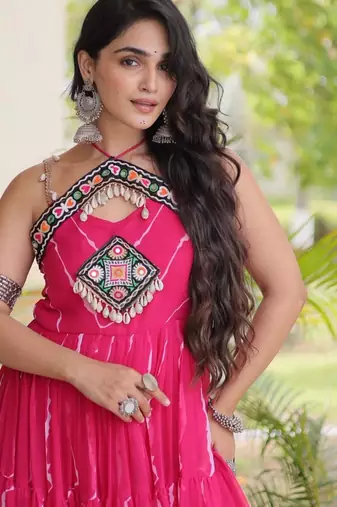 Pink faux georgette printed flared gown set