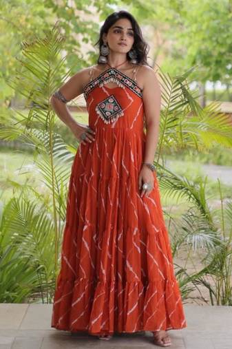 Orange faux georgette printed flared gown set