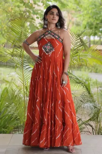 Orange faux georgette printed flared gown set