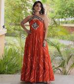 Orange faux georgette printed flared gown set