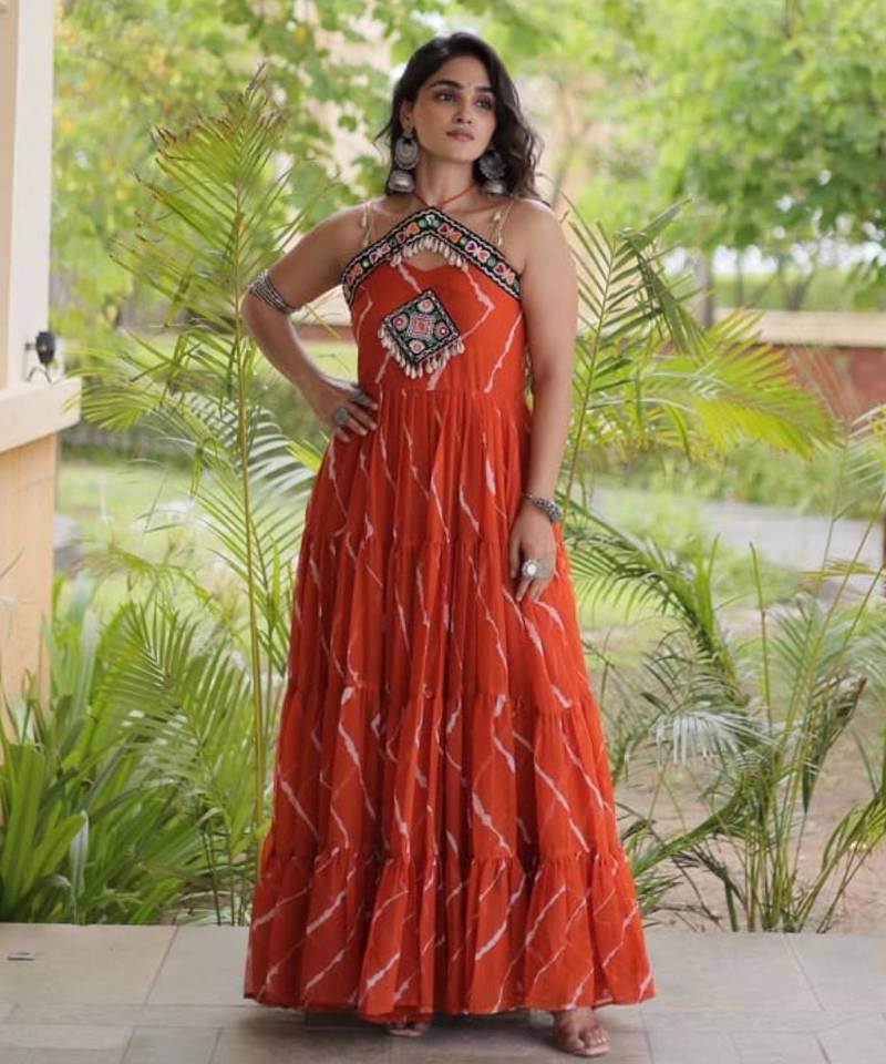 Orange faux georgette printed flared gown set