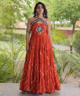 Orange faux georgette printed flared gown set 4