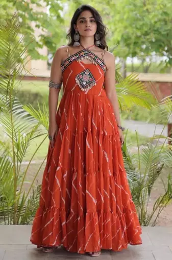 Orange faux georgette printed flared gown set