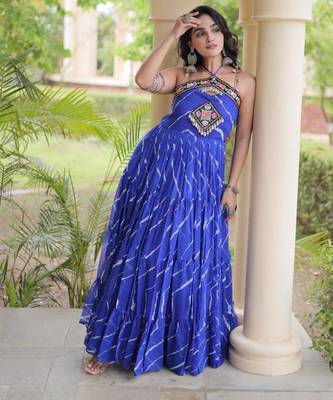 Blue faux georgette printed flared gown set 1