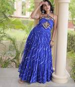 Blue faux georgette printed flared gown set
