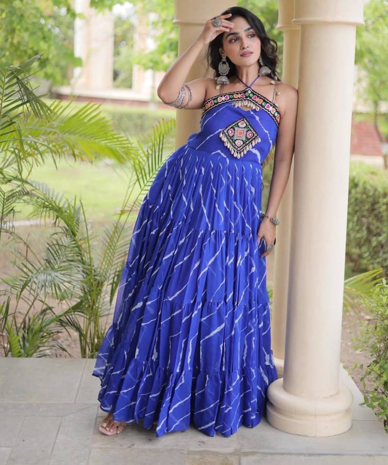 Blue faux georgette printed flared gown set