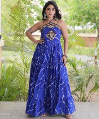 Blue faux georgette printed flared gown set 2