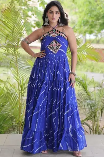 Blue faux georgette printed flared gown set