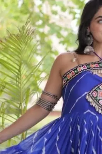Blue faux georgette printed flared gown set