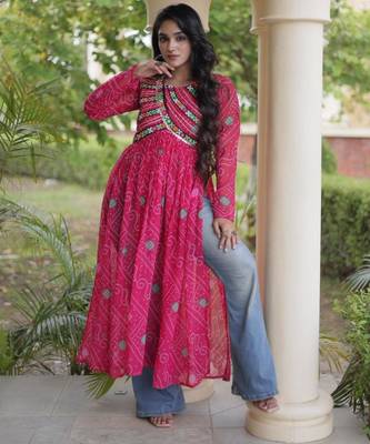 Pink faux georgette printed flared gown set 1