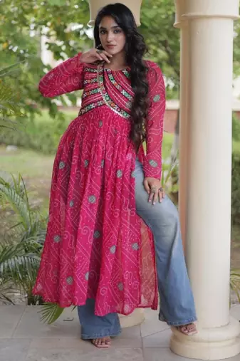 Pink faux georgette printed flared gown set
