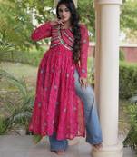 Pink faux georgette printed flared gown set