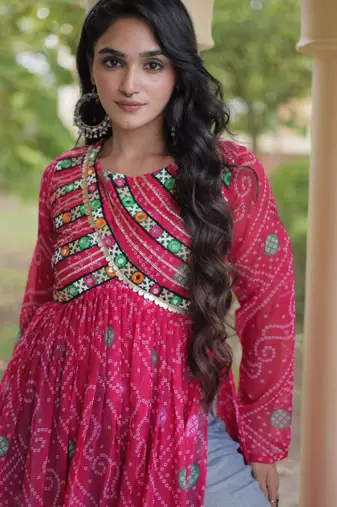 Pink faux georgette printed flared gown set