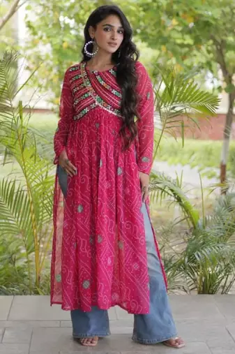 Pink faux georgette printed flared gown set