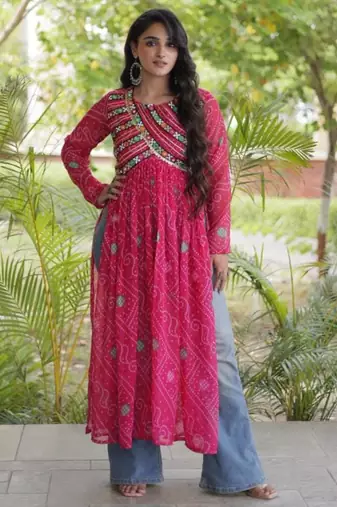 Pink faux georgette printed flared gown set