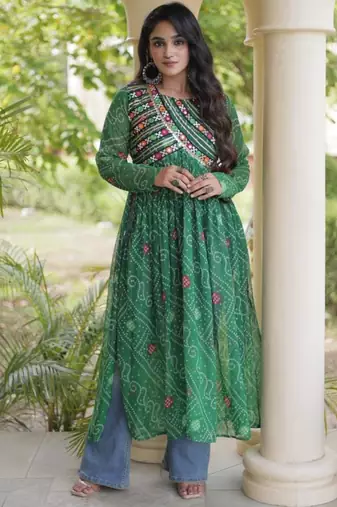 Green faux georgette printed flared gown set