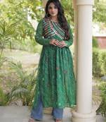 Green faux georgette printed flared gown set