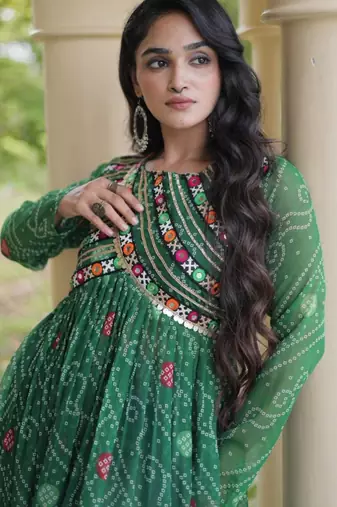 Green faux georgette printed flared gown set