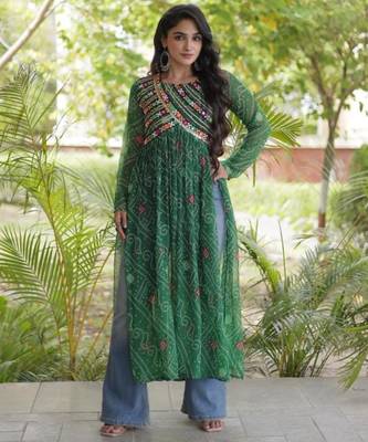 Green faux georgette printed flared gown set 3