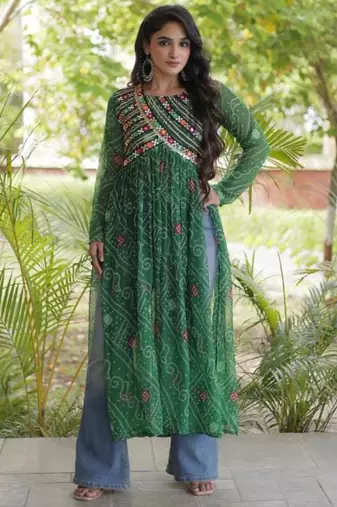 Green faux georgette printed flared gown set