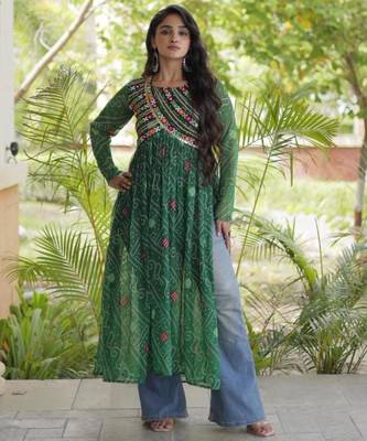 Green faux georgette printed flared gown set 4