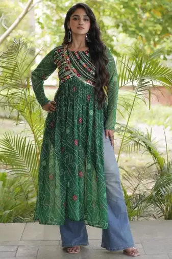 Green faux georgette printed flared gown set