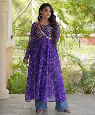 Purple faux georgette printed flared gown set 1