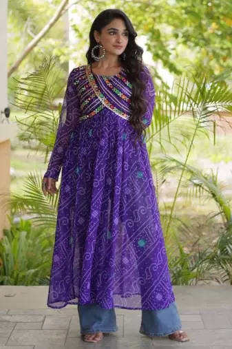Purple faux georgette printed flared gown set