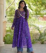 Purple faux georgette printed flared gown set