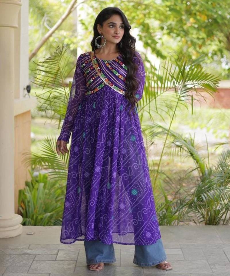 Purple faux georgette printed flared gown set