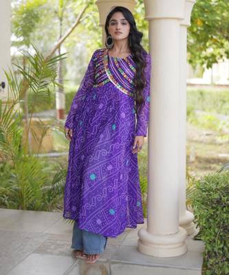 Purple faux georgette printed flared gown set 2