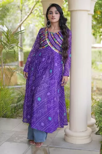Purple faux georgette printed flared gown set