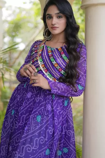Purple faux georgette printed flared gown set