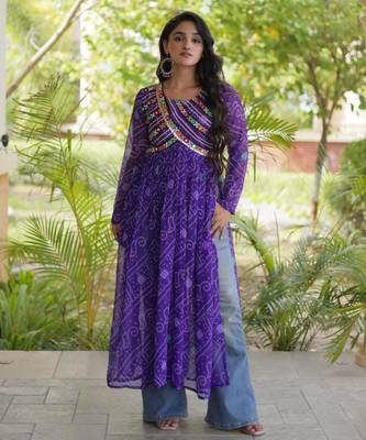 Purple faux georgette printed flared gown set 4