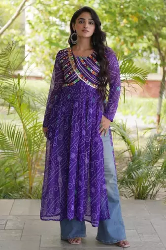 Purple faux georgette printed flared gown set