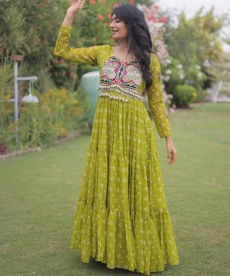 Green faux georgette printed flared gown set 1