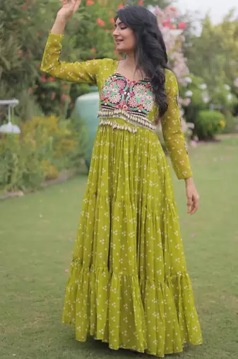 Green faux georgette printed flared gown set