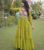 Green faux georgette printed flared gown set